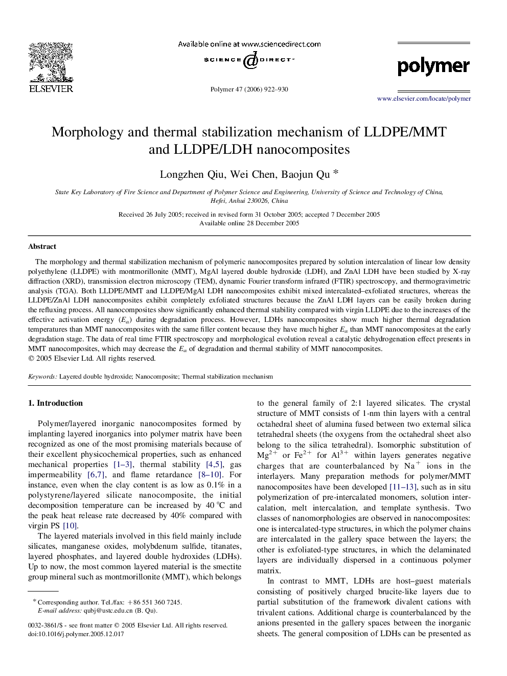 Morphology and thermal stabilization mechanism of LLDPE/MMT and LLDPE/LDH nanocomposites