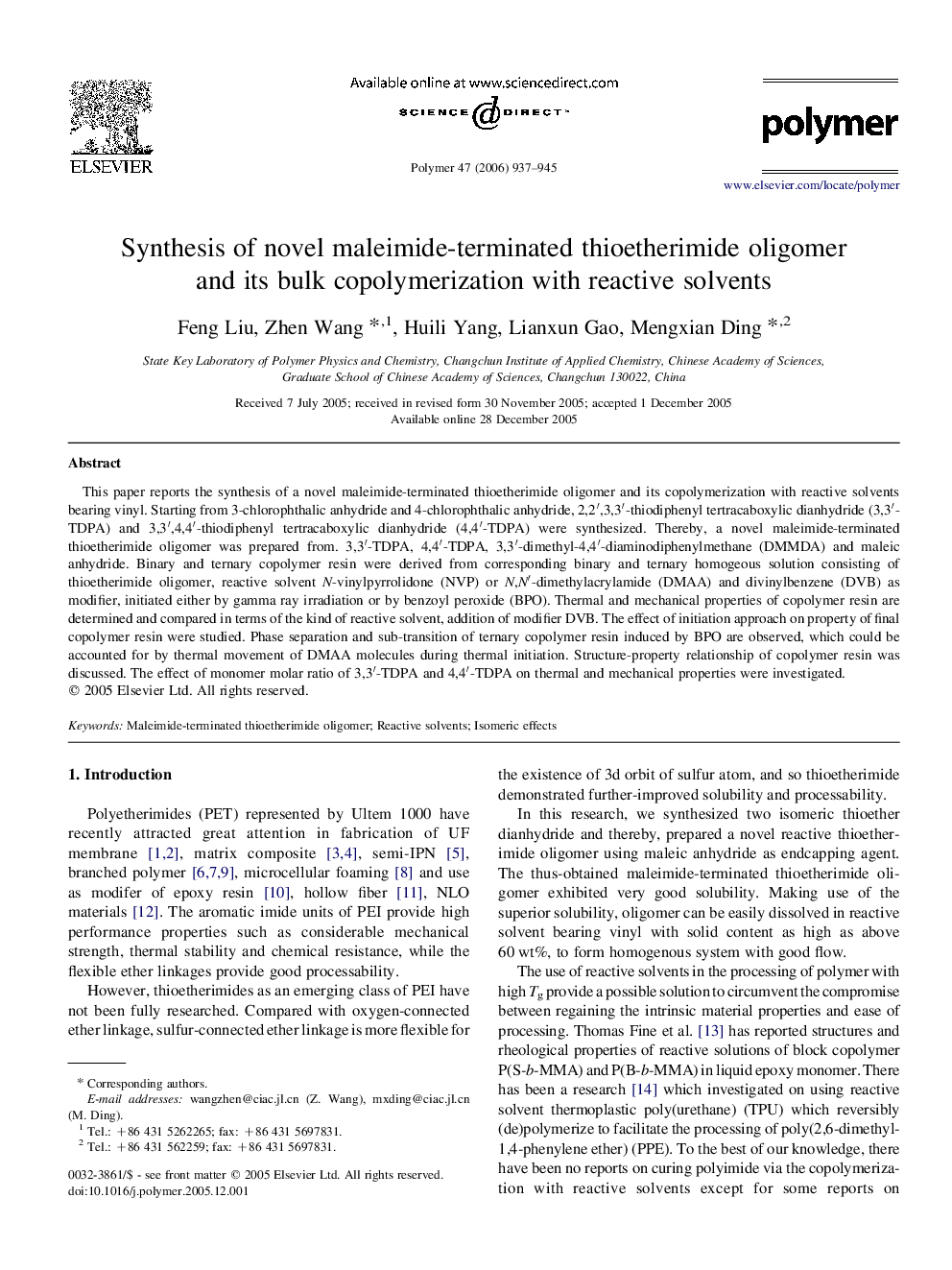 Synthesis of novel maleimide-terminated thioetherimide oligomer and its bulk copolymerization with reactive solvents