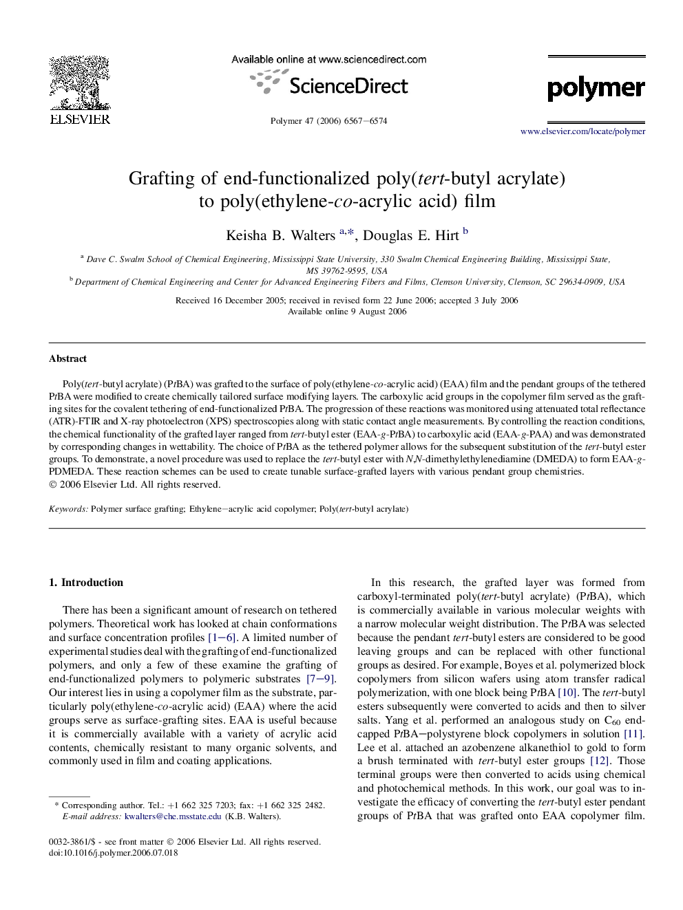 Grafting of end-functionalized poly(tert-butyl acrylate) to poly(ethylene-co-acrylic acid) film