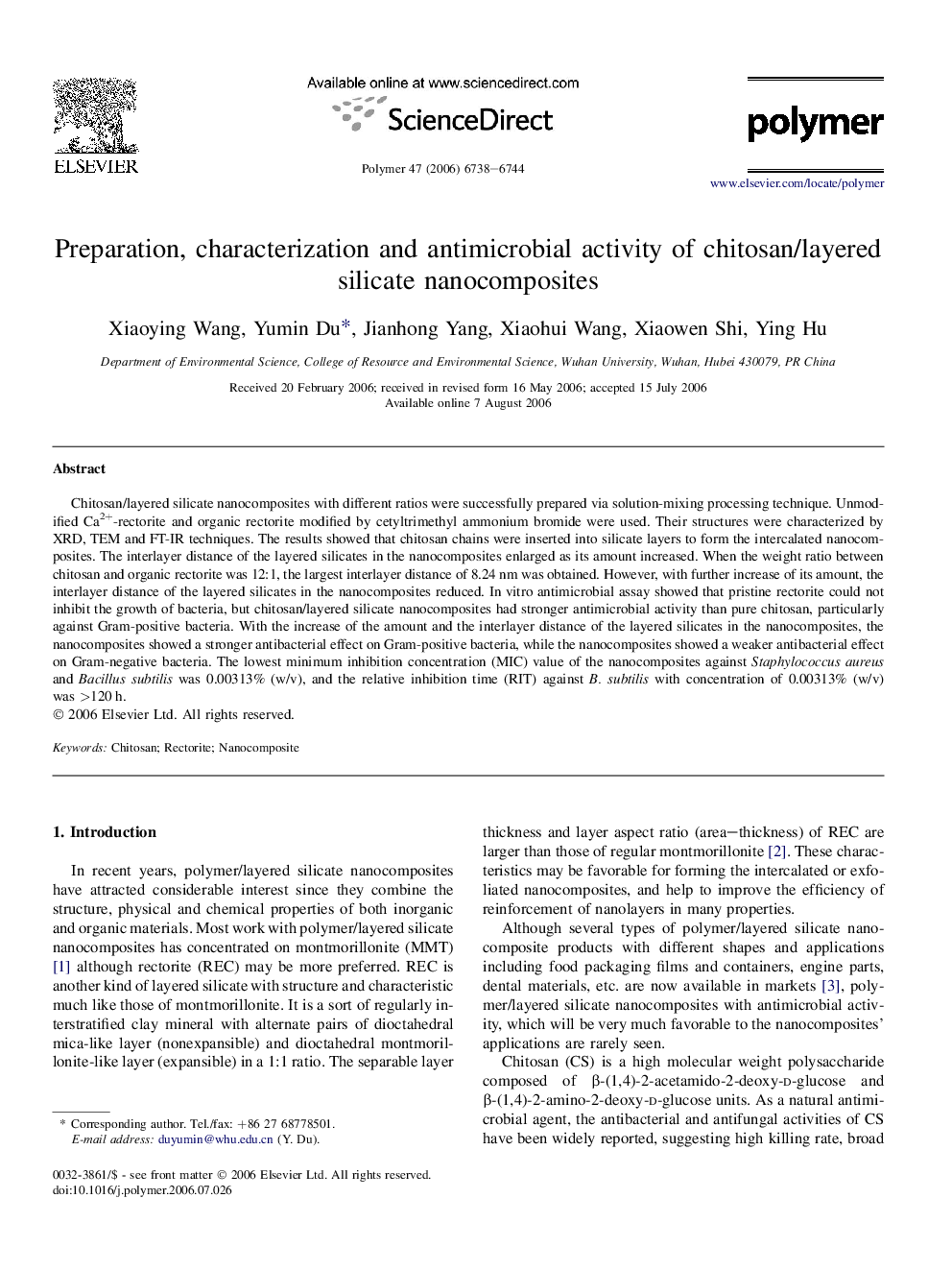 Preparation, characterization and antimicrobial activity of chitosan/layered silicate nanocomposites