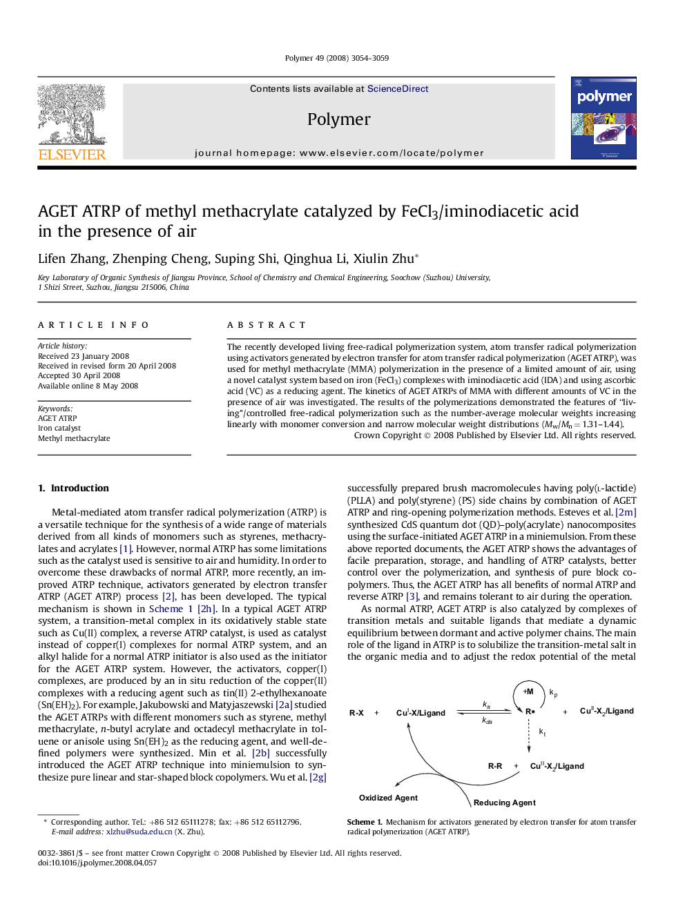 AGET ATRP of methyl methacrylate catalyzed by FeCl3/iminodiacetic acid in the presence of air