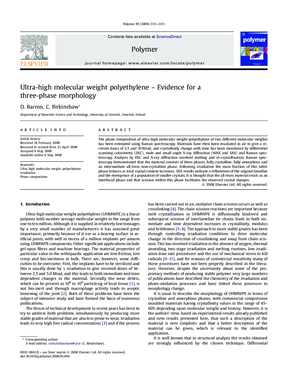 Ultra-high molecular weight polyethylene - Evidence for a three-phase morphology