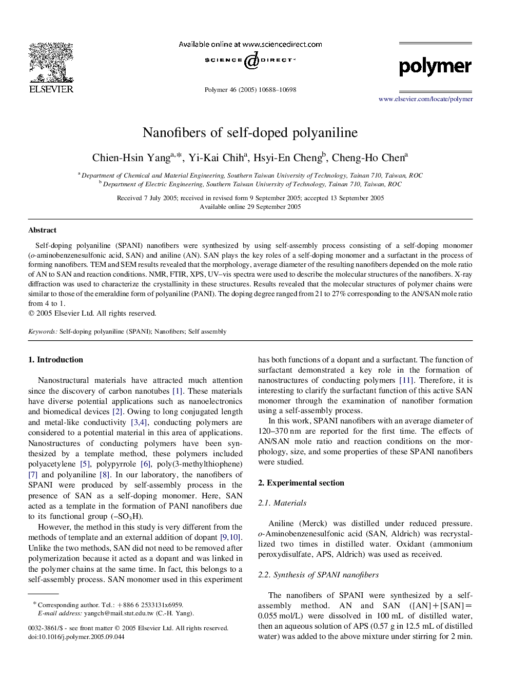 Nanofibers of self-doped polyaniline