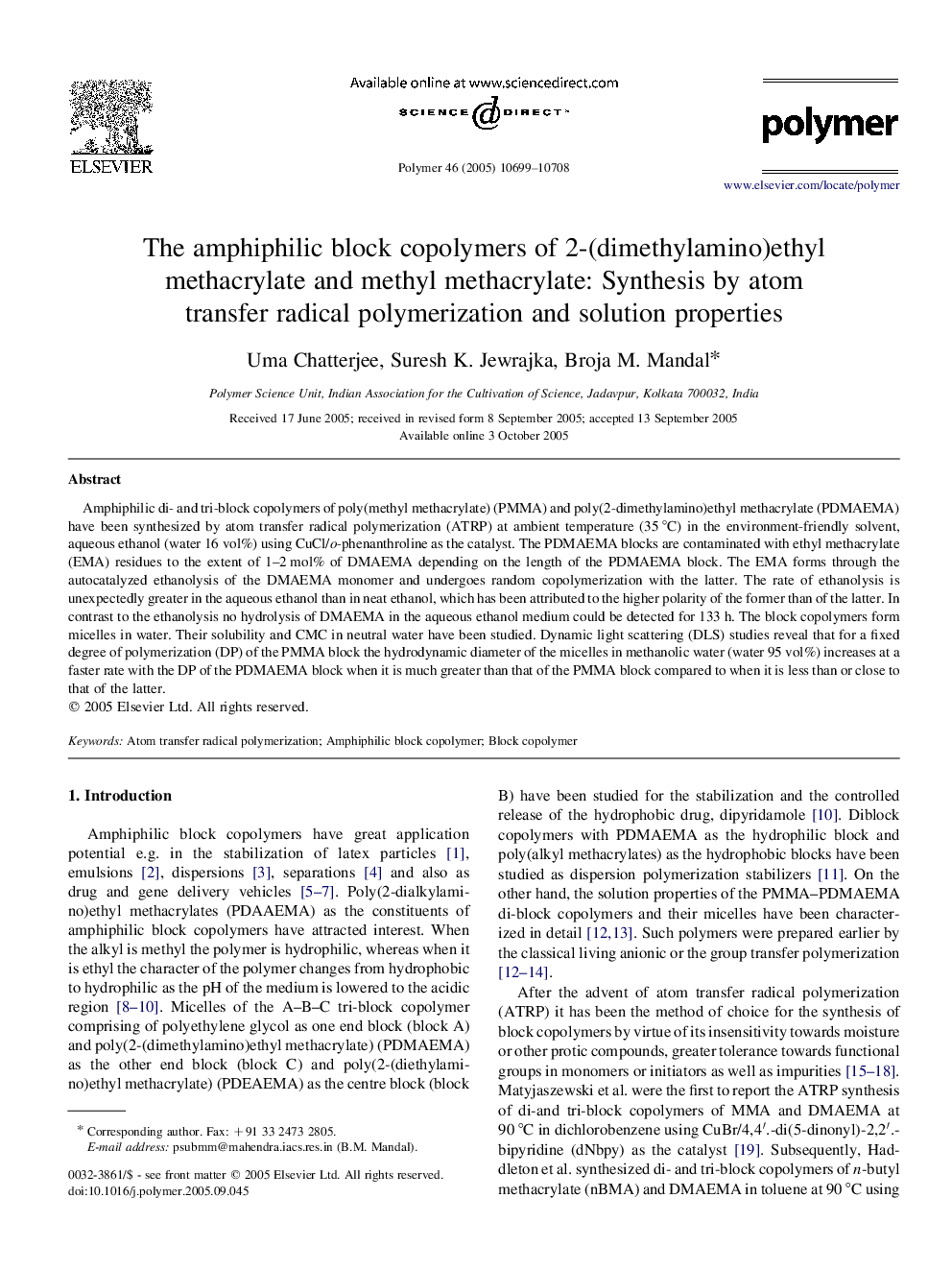 The amphiphilic block copolymers of 2-(dimethylamino)ethyl methacrylate and methyl methacrylate: Synthesis by atom transfer radical polymerization and solution properties