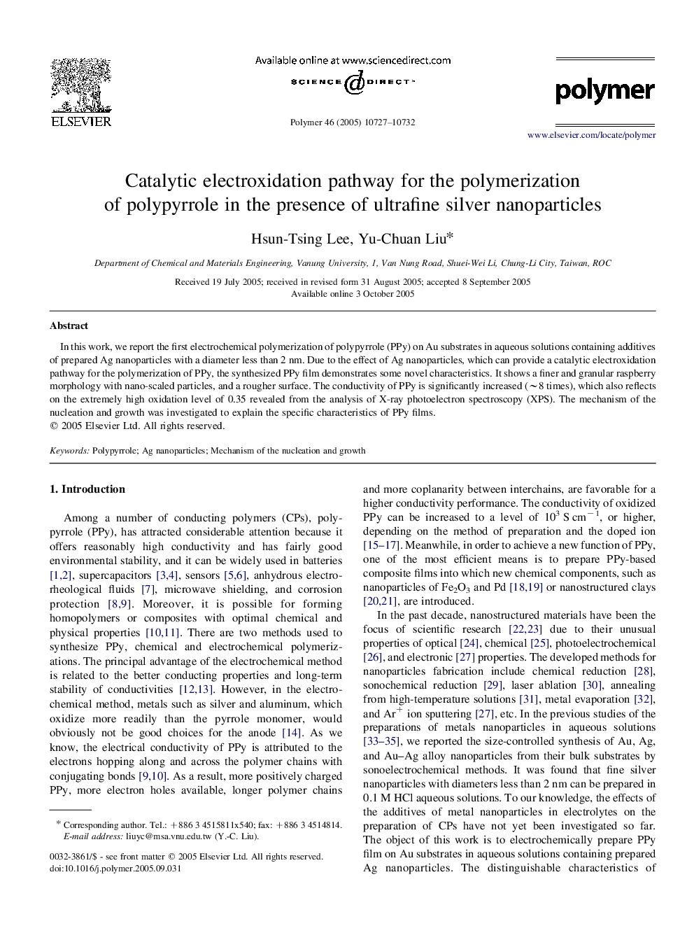 Catalytic electroxidation pathway for the polymerization of polypyrrole in the presence of ultrafine silver nanoparticles