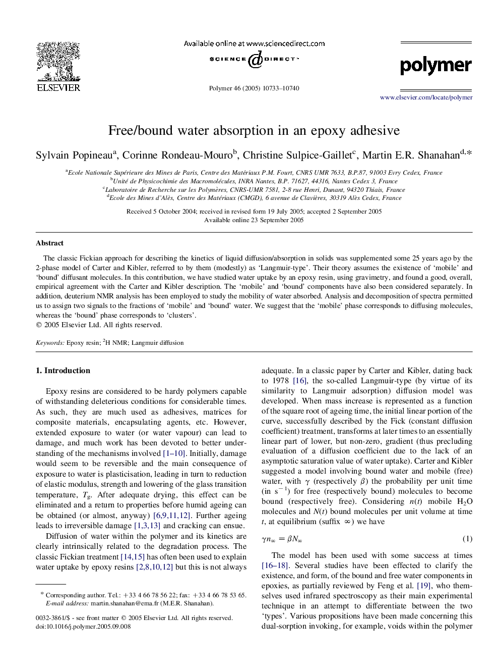 Free/bound water absorption in an epoxy adhesive