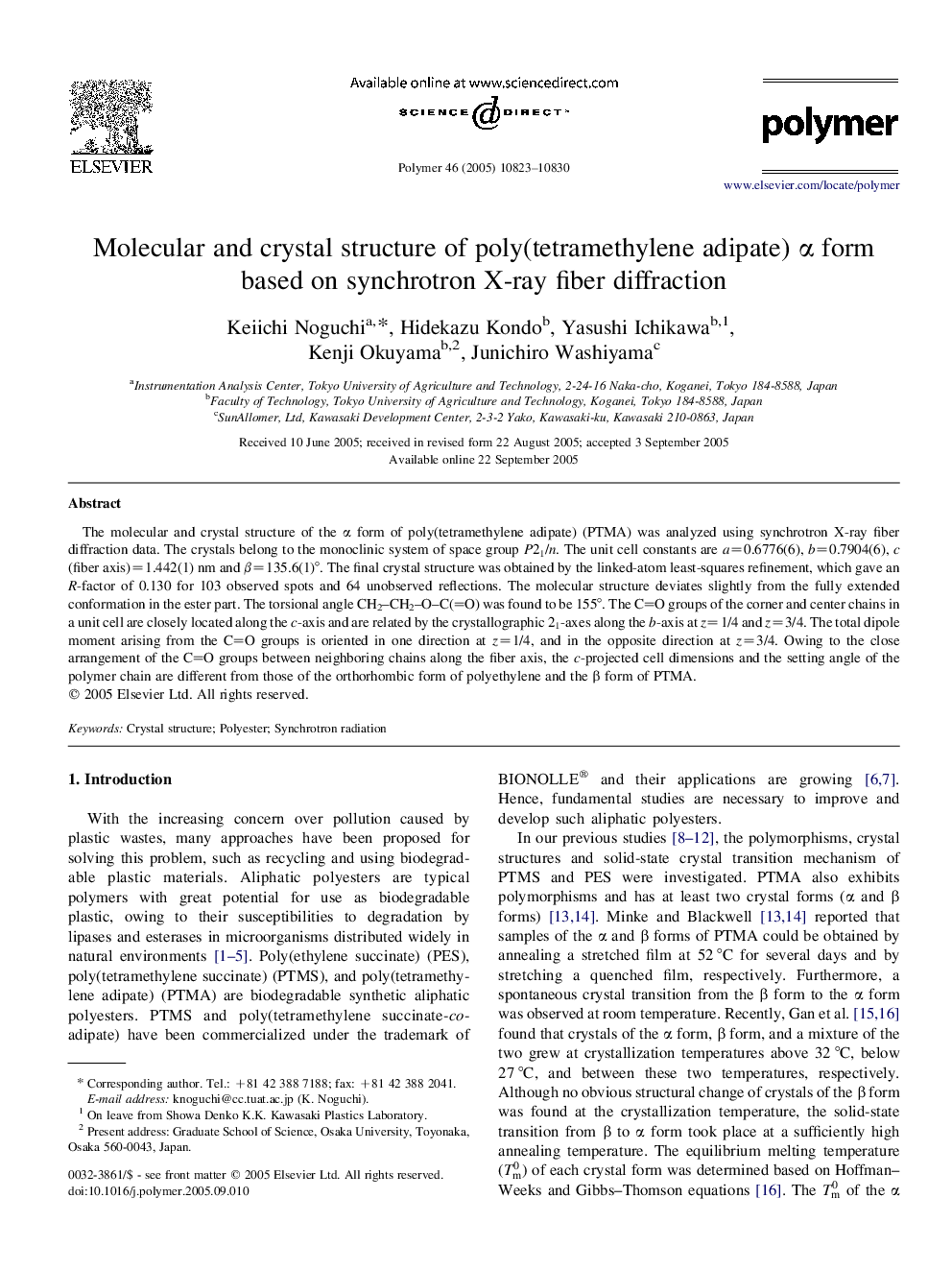 Molecular and crystal structure of poly(tetramethylene adipate) Î± form based on synchrotron X-ray fiber diffraction