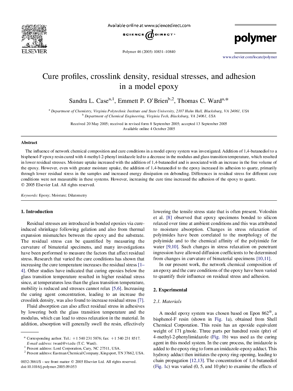 Cure profiles, crosslink density, residual stresses, and adhesion in a model epoxy