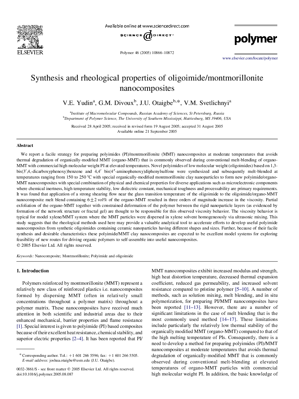 Synthesis and rheological properties of oligoimide/montmorillonite nanocomposites