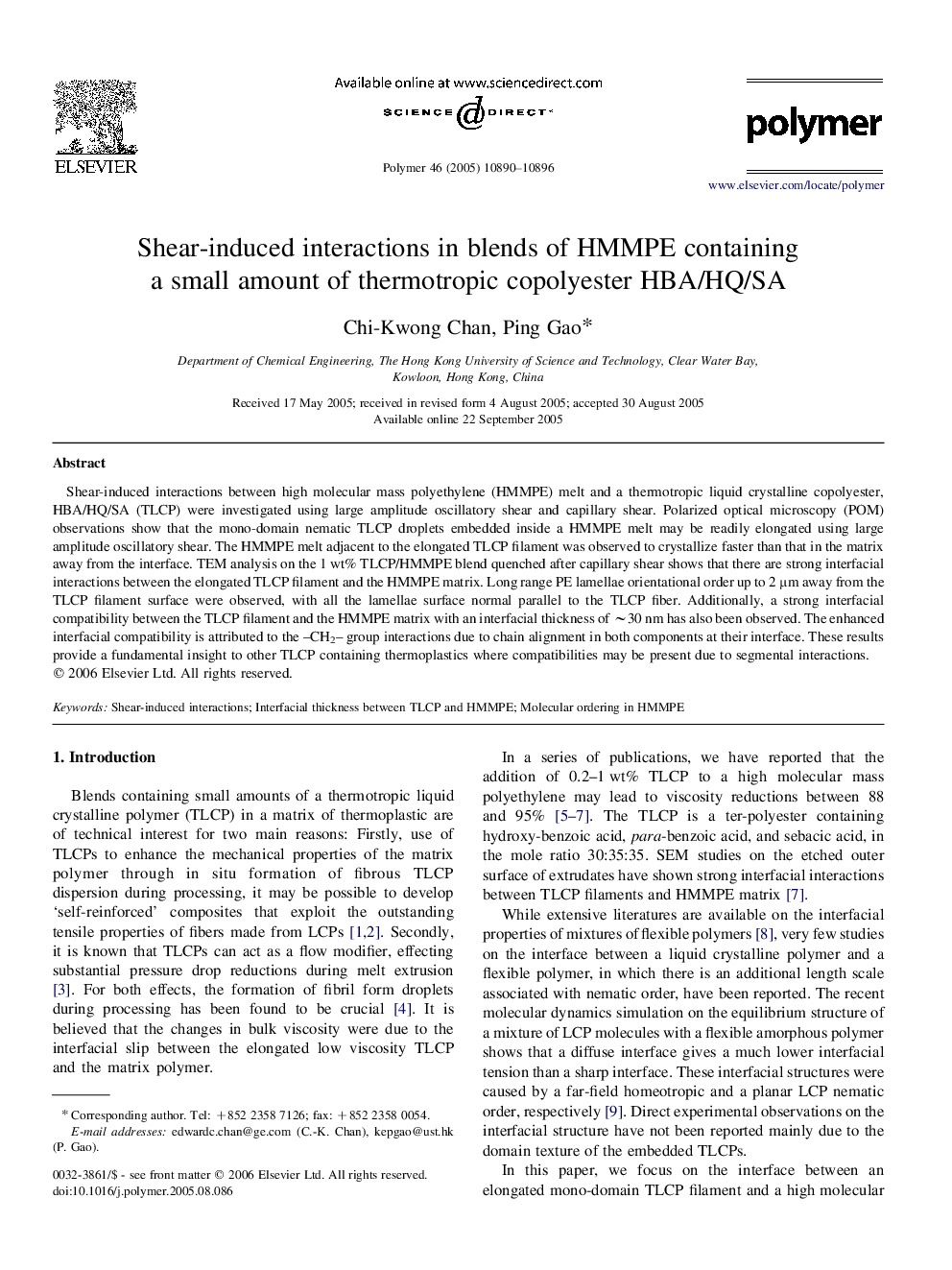 Shear-induced interactions in blends of HMMPE containing a small amount of thermotropic copolyester HBA/HQ/SA