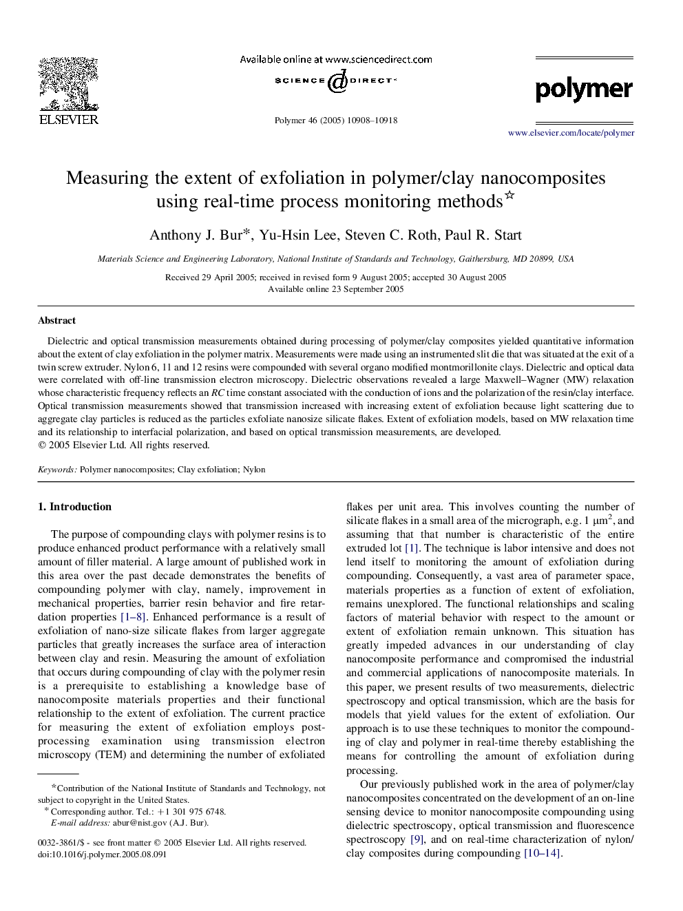 Measuring the extent of exfoliation in polymer/clay nanocomposites using real-time process monitoring methods