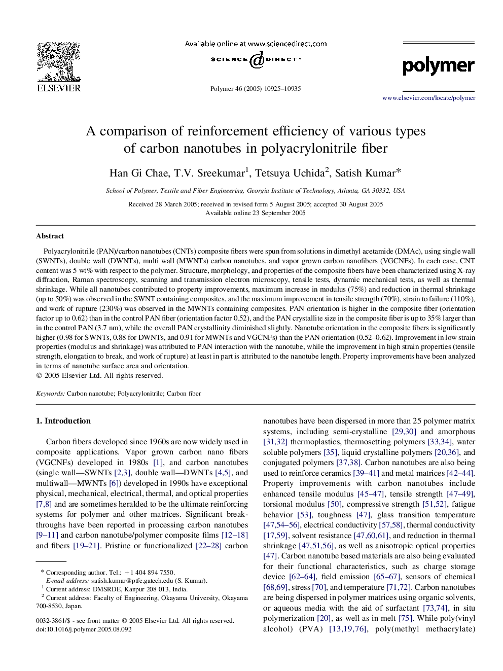 A comparison of reinforcement efficiency of various types of carbon nanotubes in polyacrylonitrile fiber