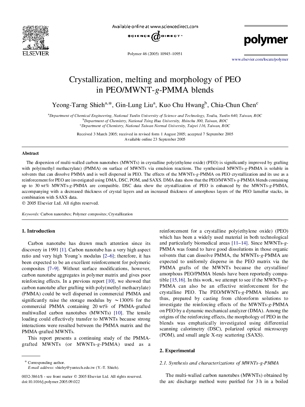 Crystallization, melting and morphology of PEO in PEO/MWNT-g-PMMA blends