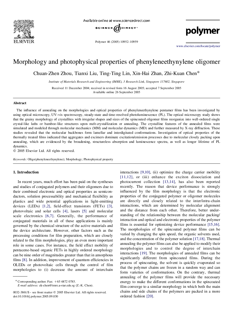 Morphology and photophysical properties of phenyleneethynylene oligomer