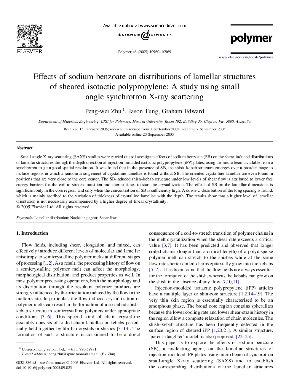 Effects of sodium benzoate on distributions of lamellar structures of sheared isotactic polypropylene: A study using small angle synchrotron X-ray scattering