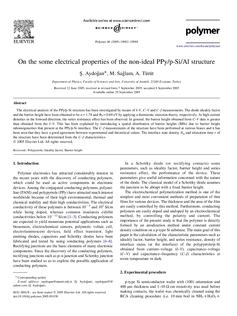 On the some electrical properties of the non-ideal PPy/p-Si/Al structure