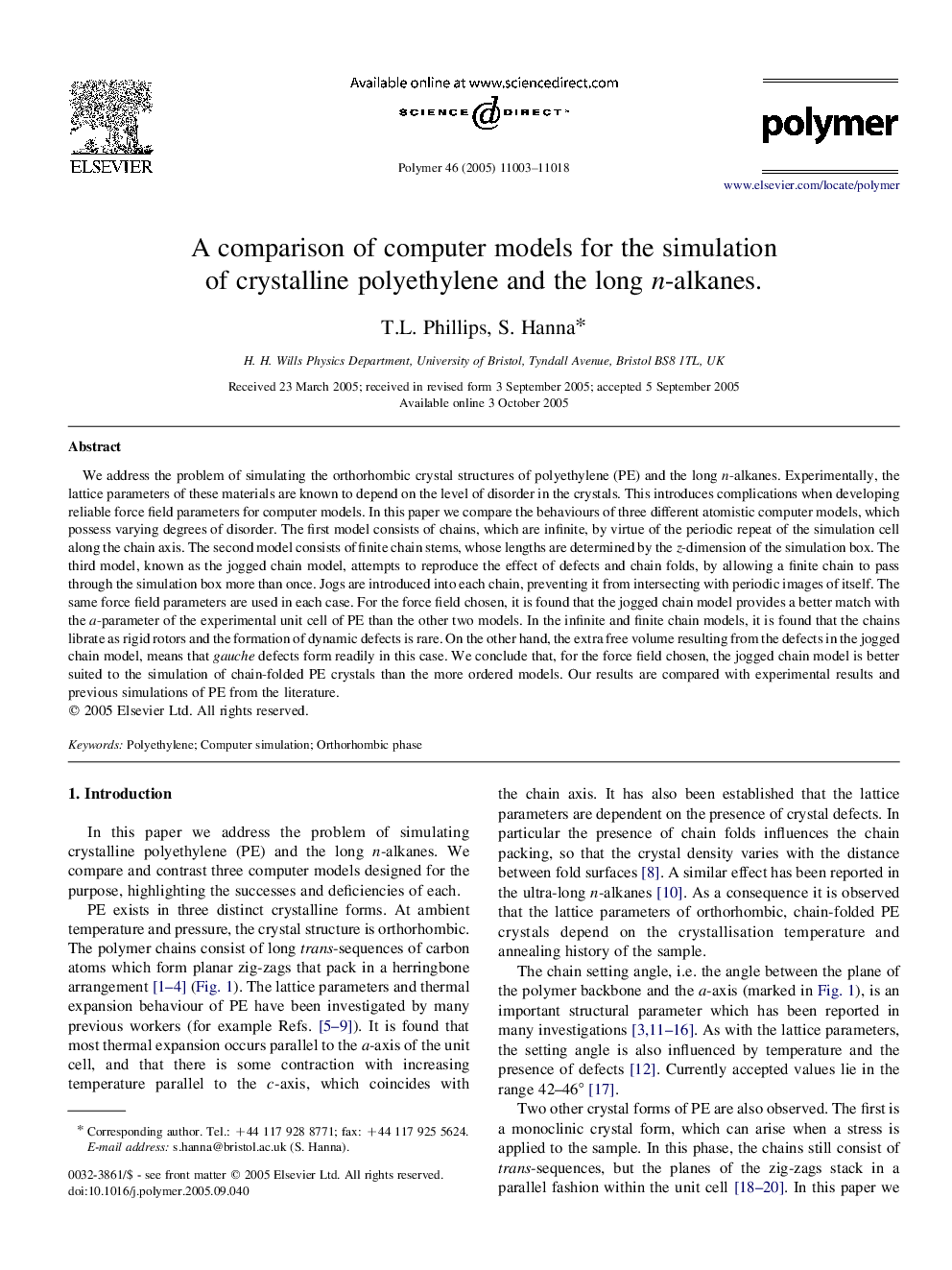 A comparison of computer models for the simulation of crystalline polyethylene and the long n-alkanes.