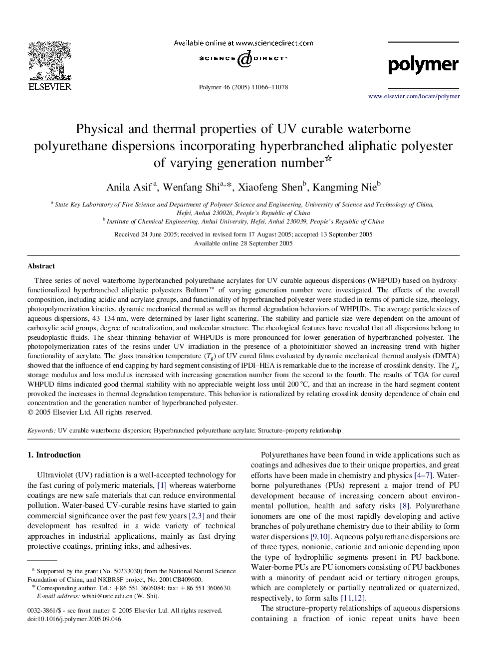 Physical and thermal properties of UV curable waterborne polyurethane dispersions incorporating hyperbranched aliphatic polyester of varying generation number