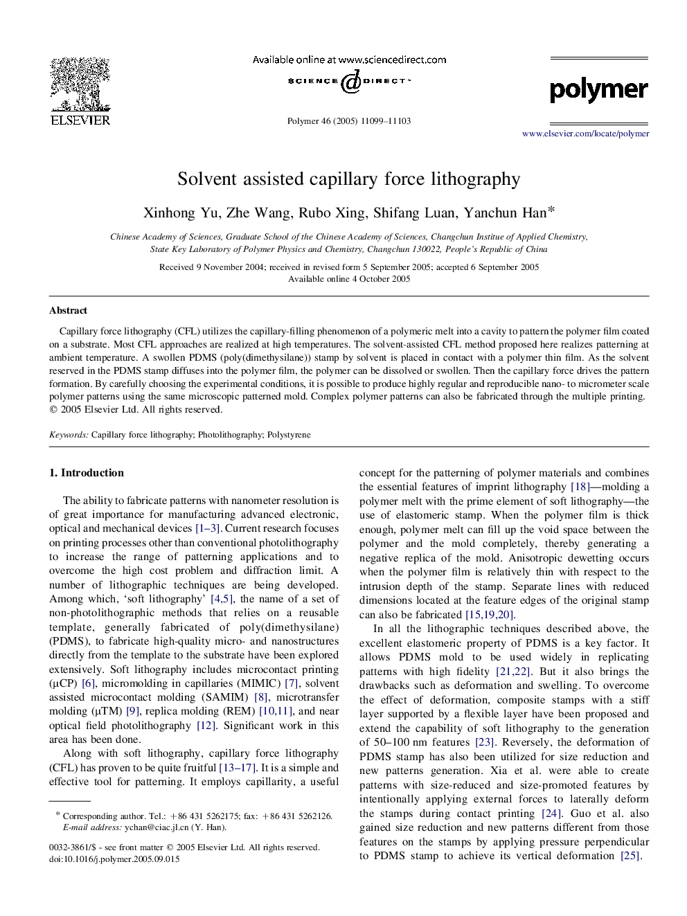 Solvent assisted capillary force lithography