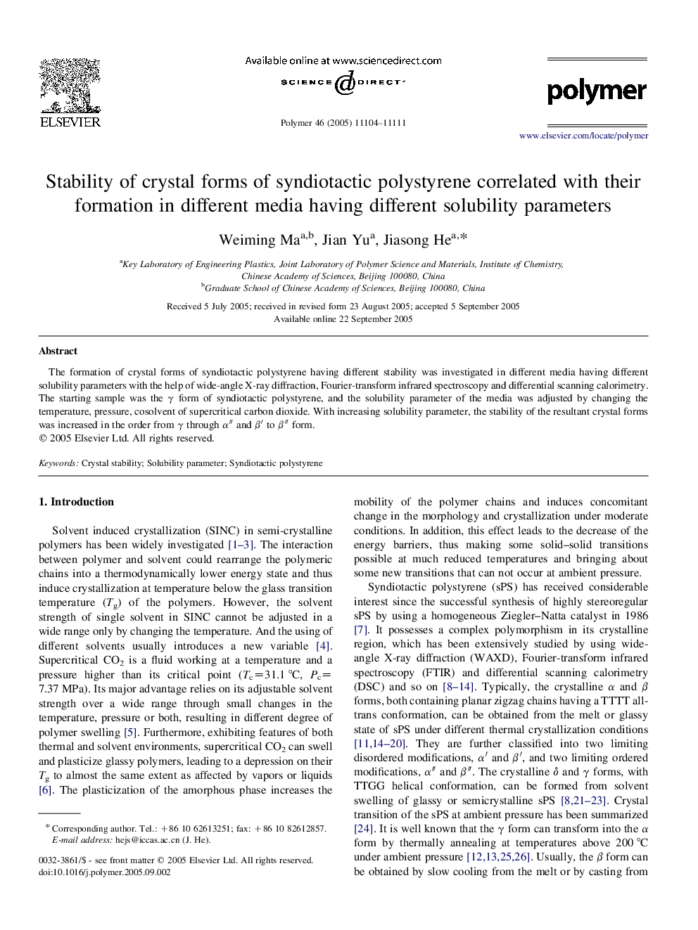 Stability of crystal forms of syndiotactic polystyrene correlated with their formation in different media having different solubility parameters