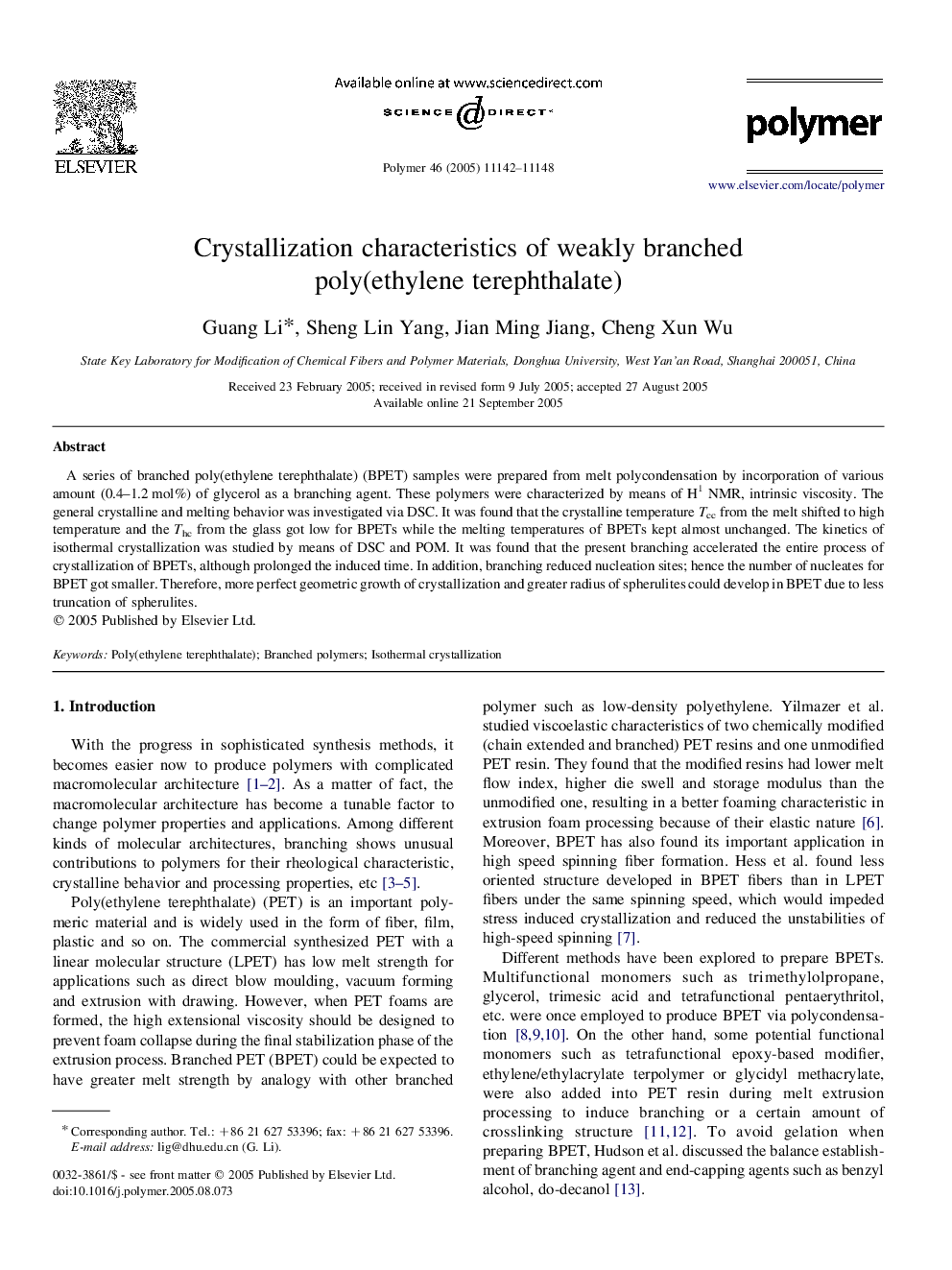 Crystallization characteristics of weakly branched poly(ethylene terephthalate)