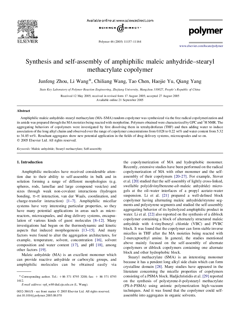 Synthesis and self-assembly of amphiphilic maleic anhydride-stearyl methacrylate copolymer