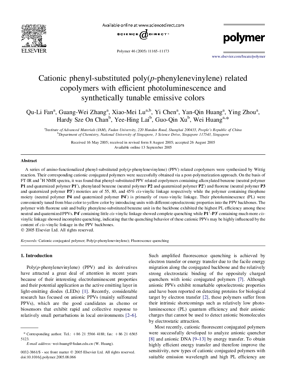 Cationic phenyl-substituted poly(p-phenylenevinylene) related copolymers with efficient photoluminescence and synthetically tunable emissive colors