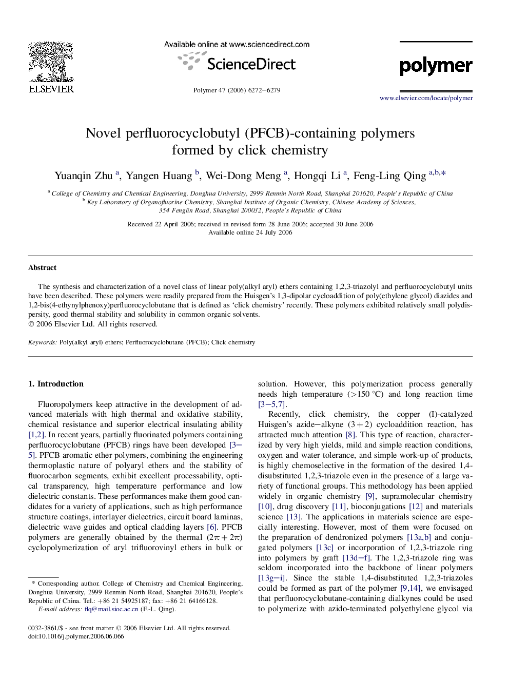 Novel perfluorocyclobutyl (PFCB)-containing polymers formed by click chemistry