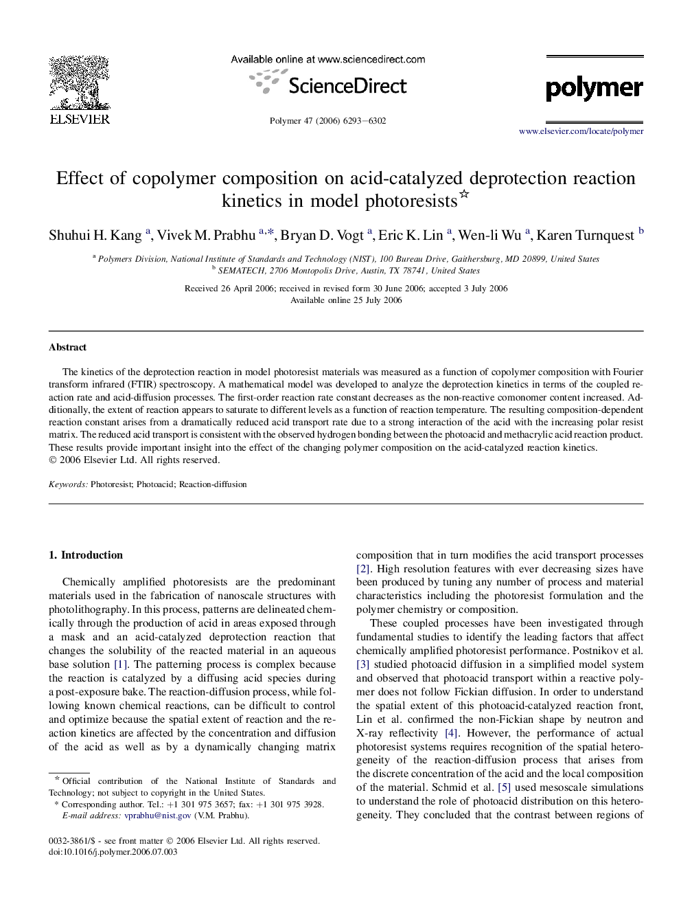 Effect of copolymer composition on acid-catalyzed deprotection reaction kinetics in model photoresists