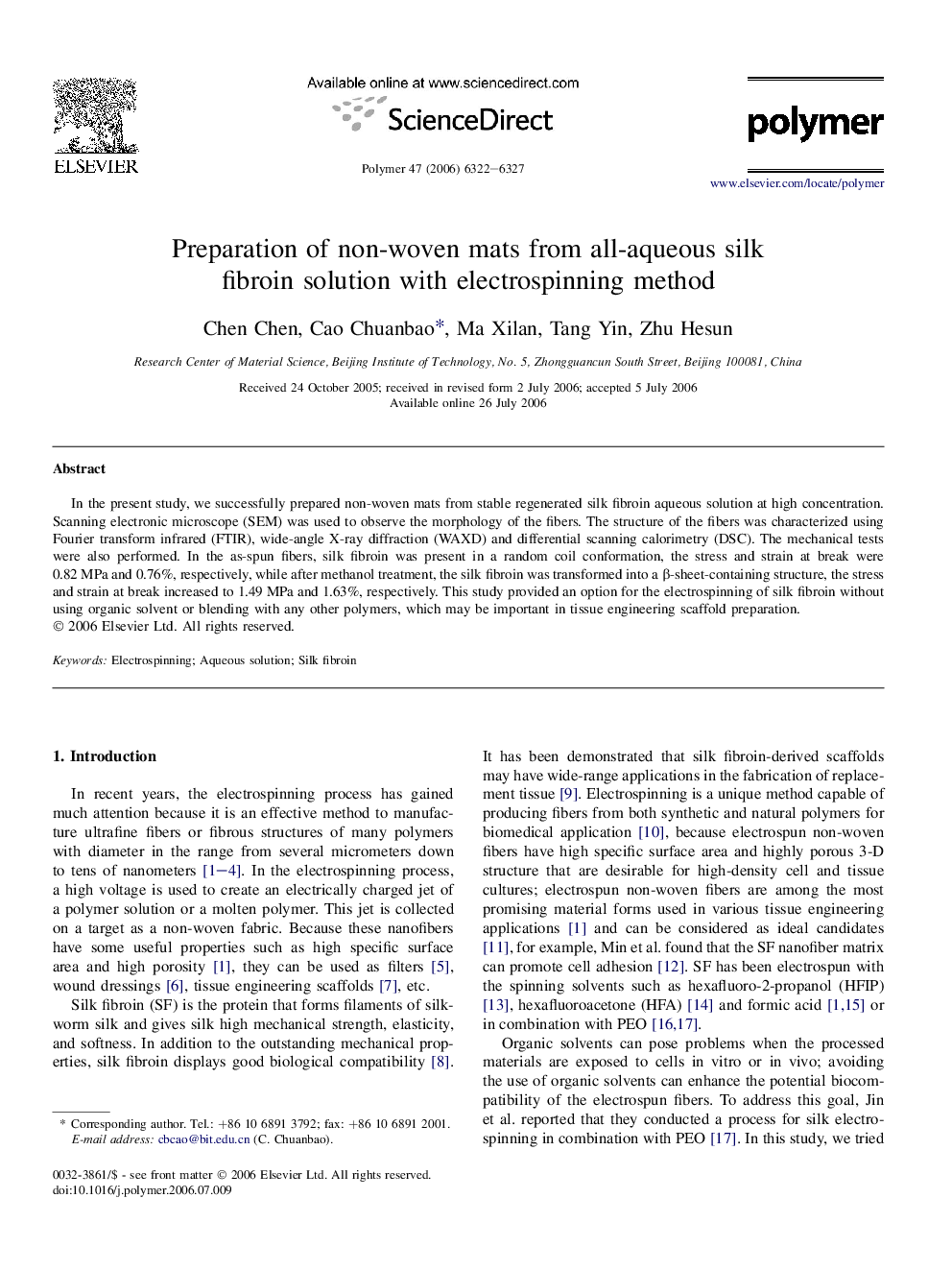 Preparation of non-woven mats from all-aqueous silk fibroin solution with electrospinning method