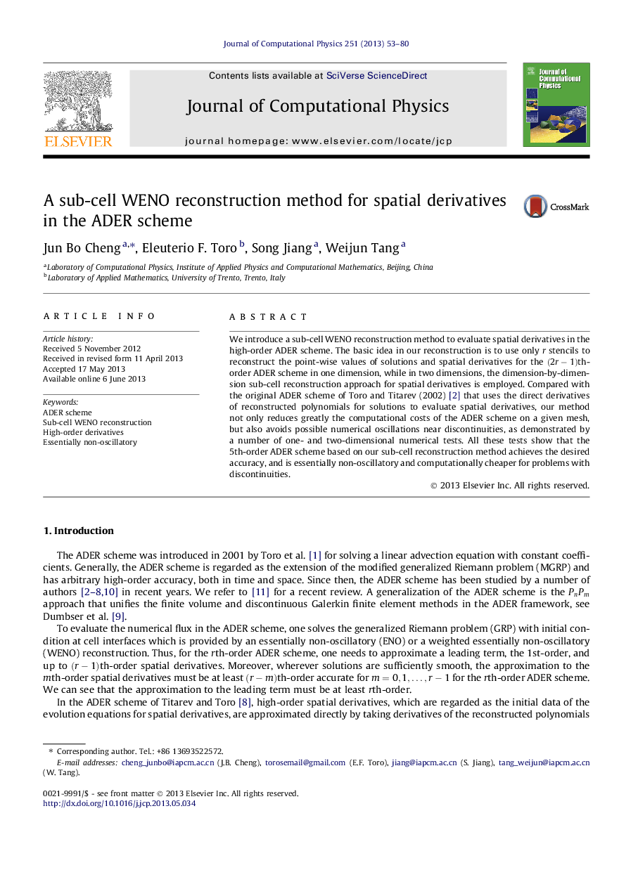 A sub-cell WENO reconstruction method for spatial derivatives in the ADER scheme