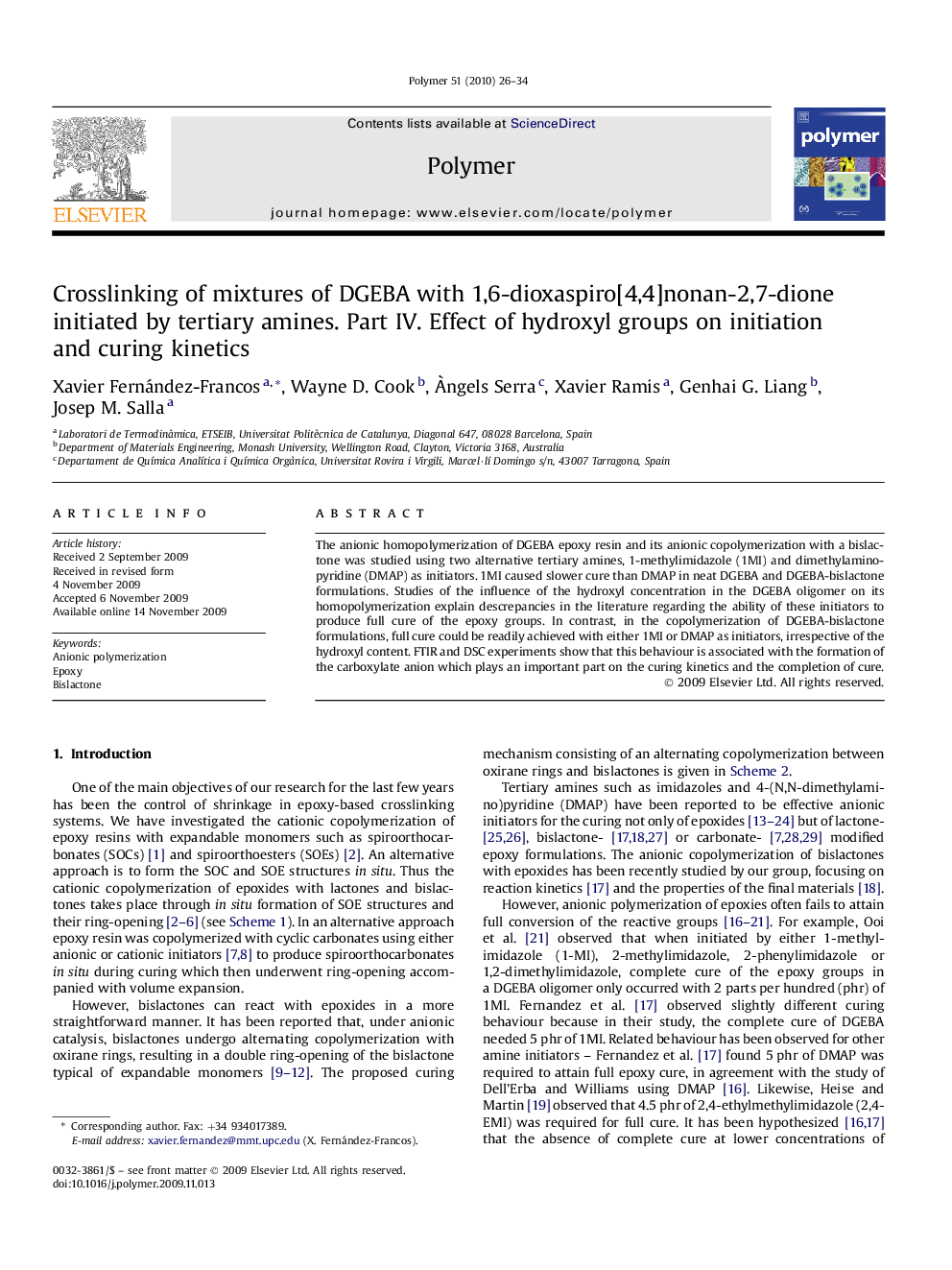 Crosslinking of mixtures of DGEBA with 1,6-dioxaspiro[4,4]nonan-2,7-dione initiated by tertiary amines. Part IV. Effect of hydroxyl groups on initiation and curing kinetics