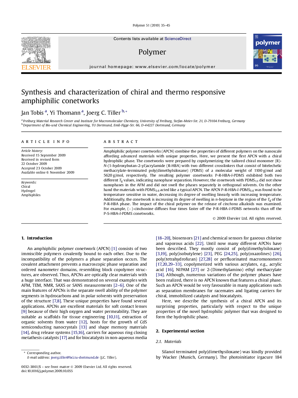 Synthesis and characterization of chiral and thermo responsive amphiphilic conetworks