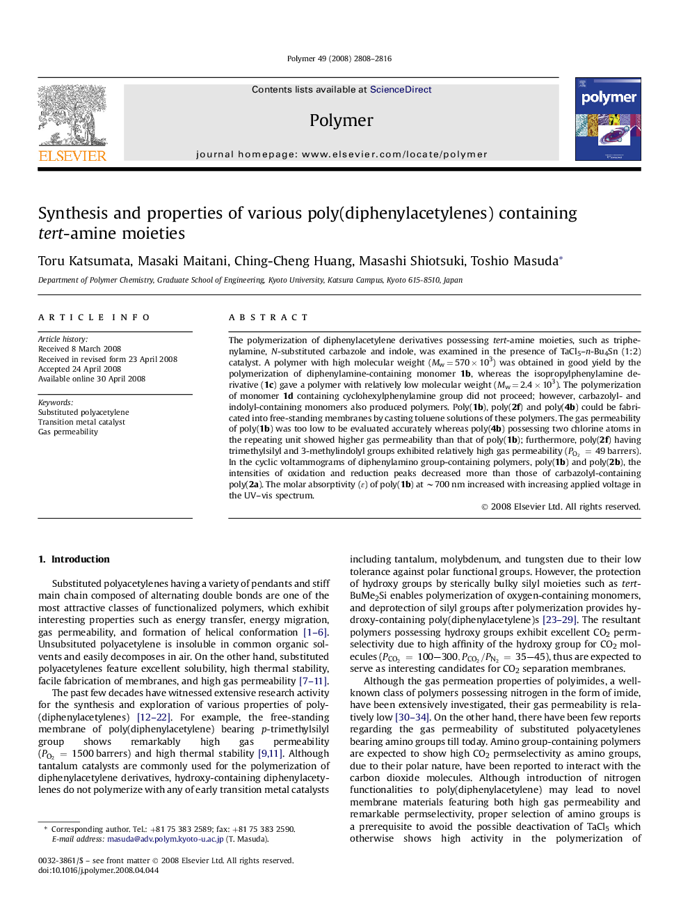 Synthesis and properties of various poly(diphenylacetylenes) containing tert-amine moieties