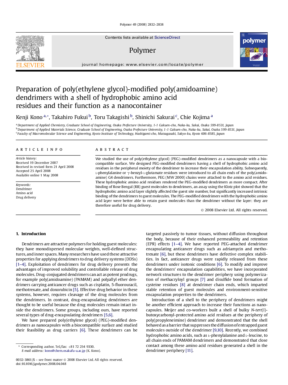 Preparation of poly(ethylene glycol)-modified poly(amidoamine) dendrimers with a shell of hydrophobic amino acid residues and their function as a nanocontainer