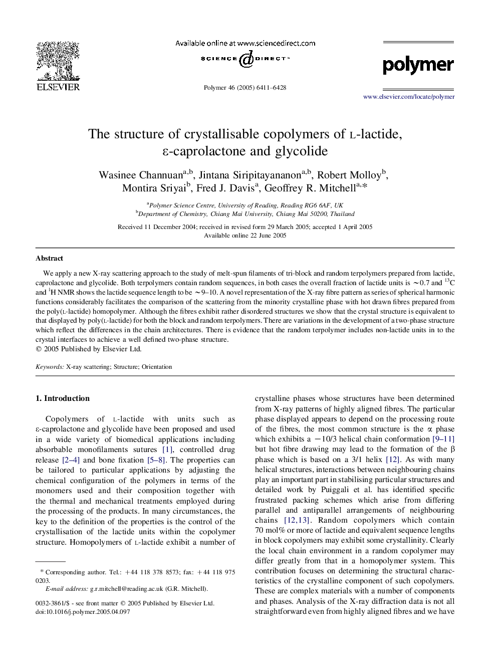 The structure of crystallisable copolymers of l-lactide, Îµ-caprolactone and glycolide