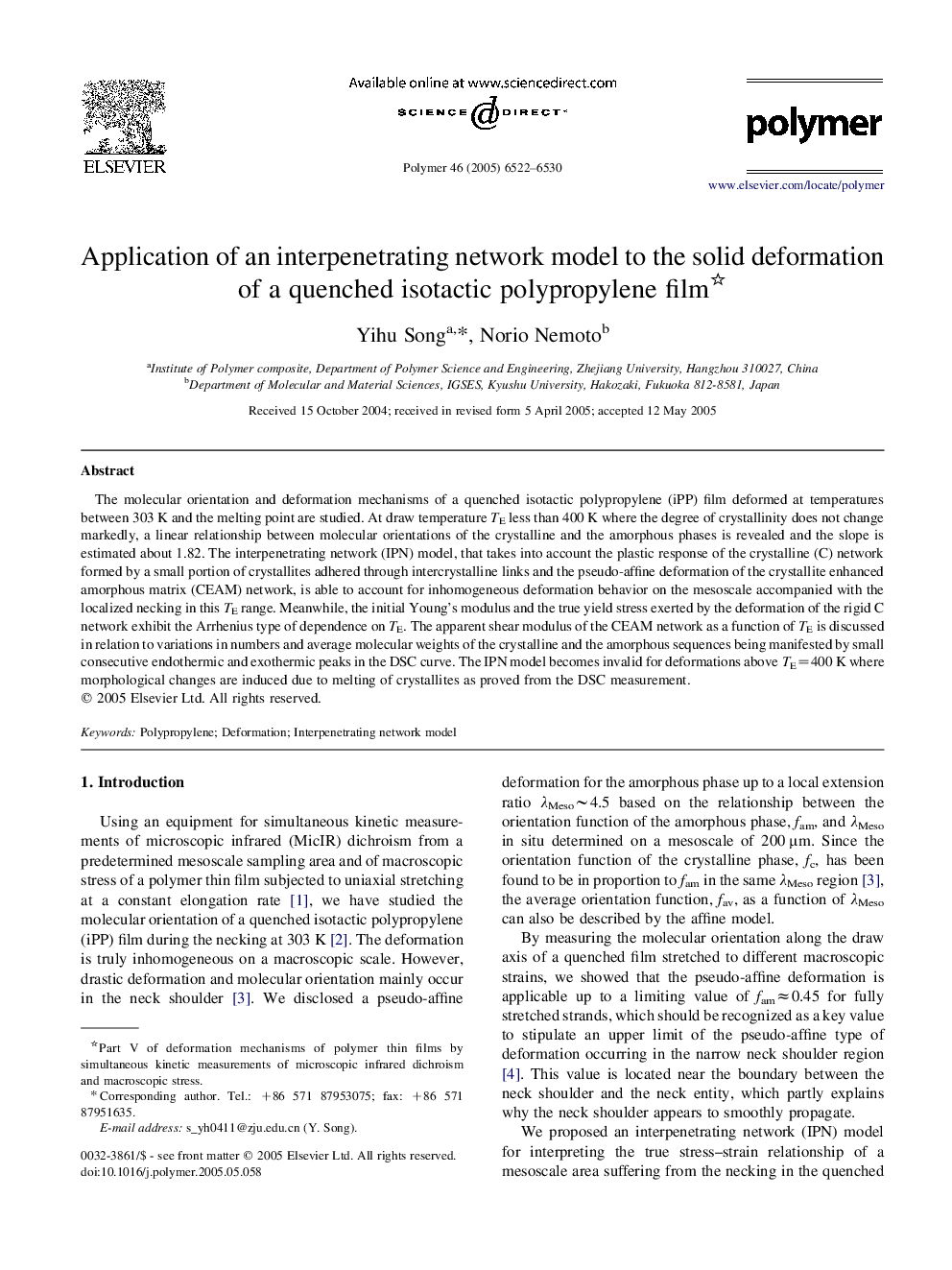 Application of an interpenetrating network model to the solid deformation of a quenched isotactic polypropylene film