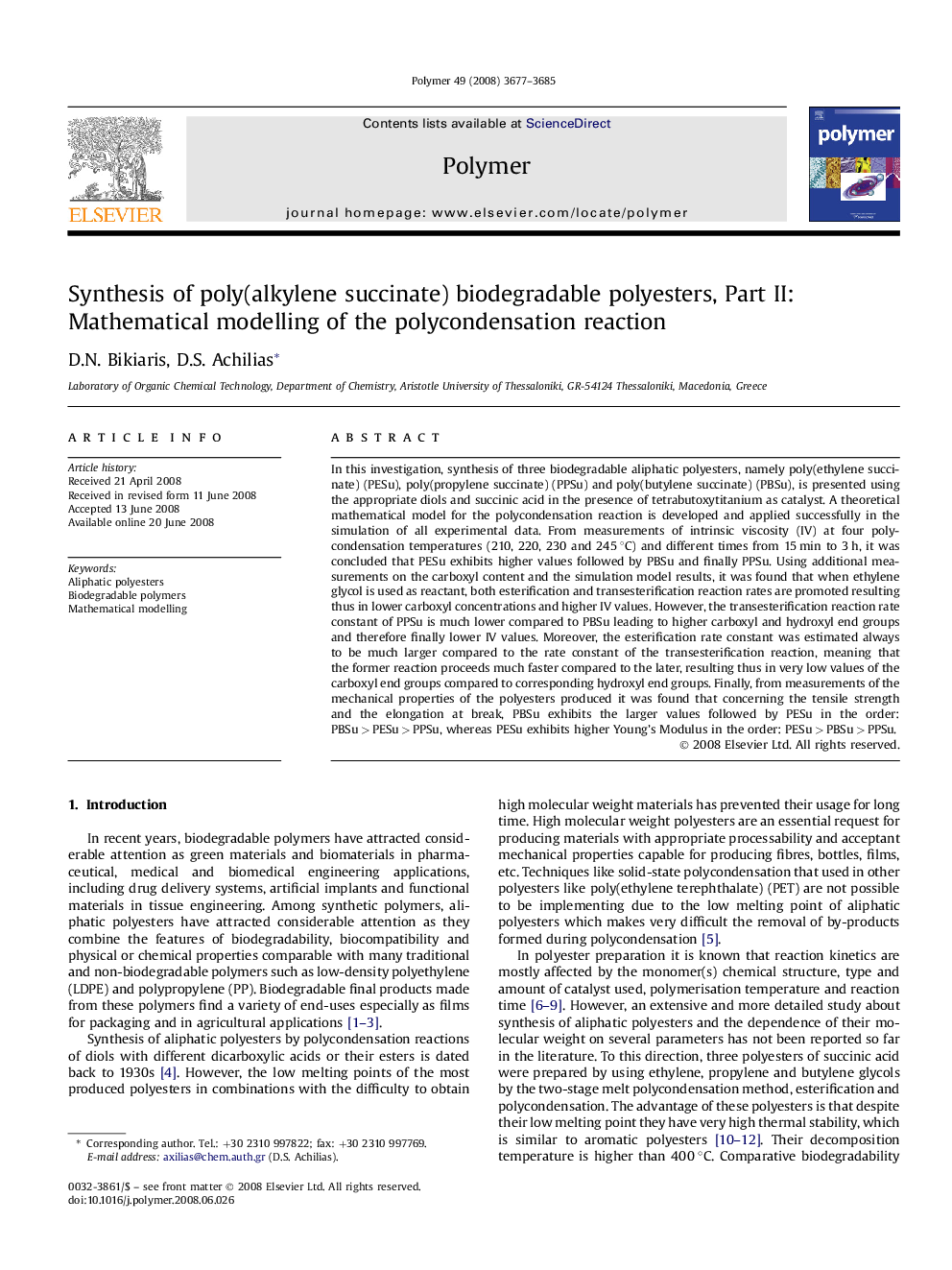 Synthesis of poly(alkylene succinate) biodegradable polyesters, Part II: Mathematical modelling of the polycondensation reaction