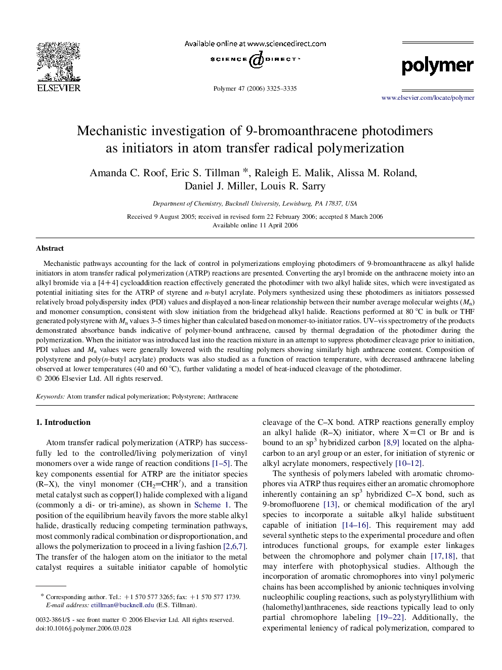 Mechanistic investigation of 9-bromoanthracene photodimers as initiators in atom transfer radical polymerization