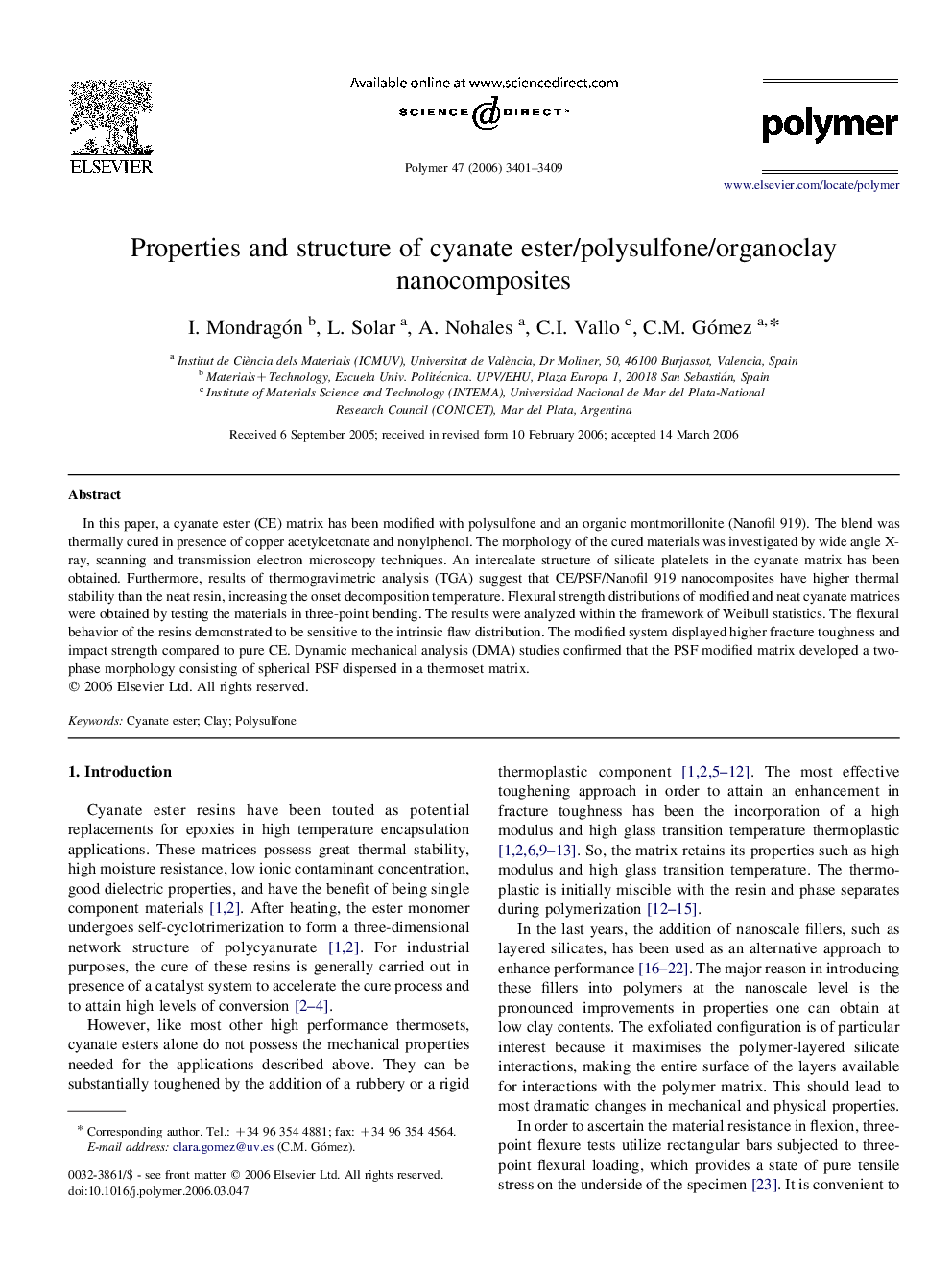 Properties and structure of cyanate ester/polysulfone/organoclay nanocomposites