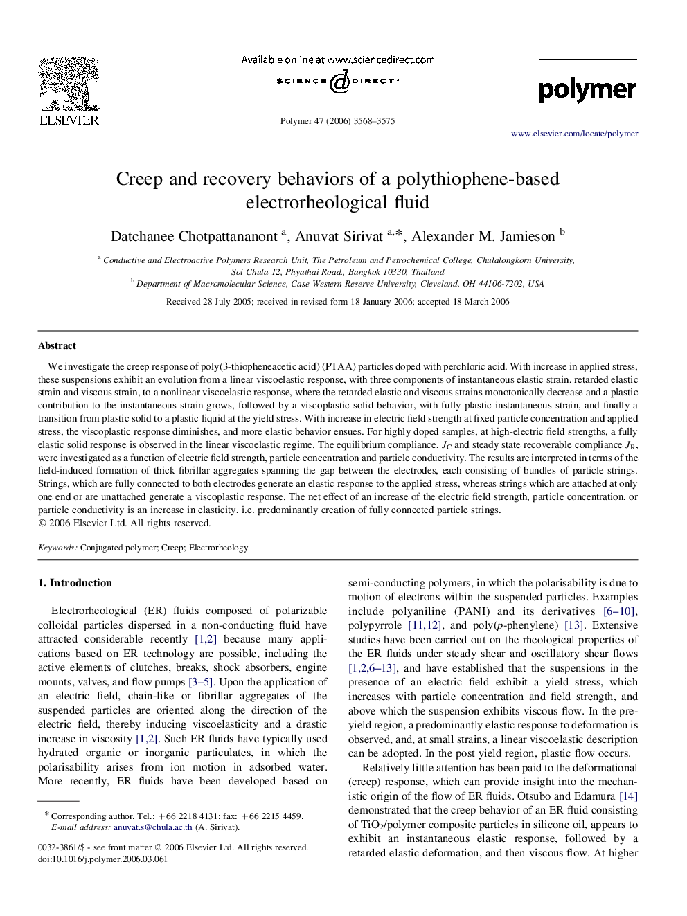 Creep and recovery behaviors of a polythiophene-based electrorheological fluid