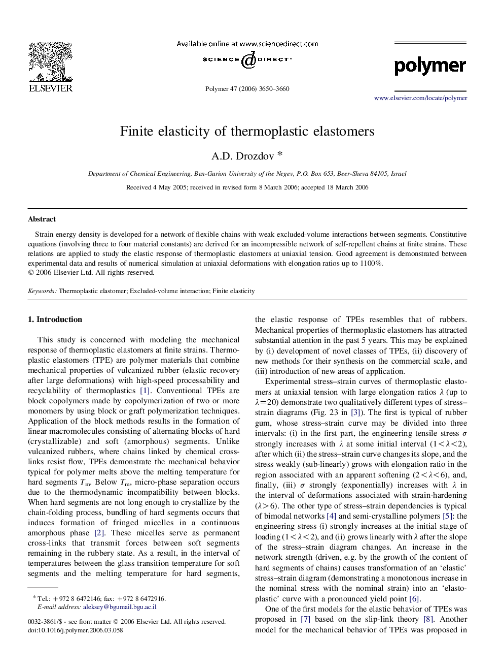 Finite elasticity of thermoplastic elastomers