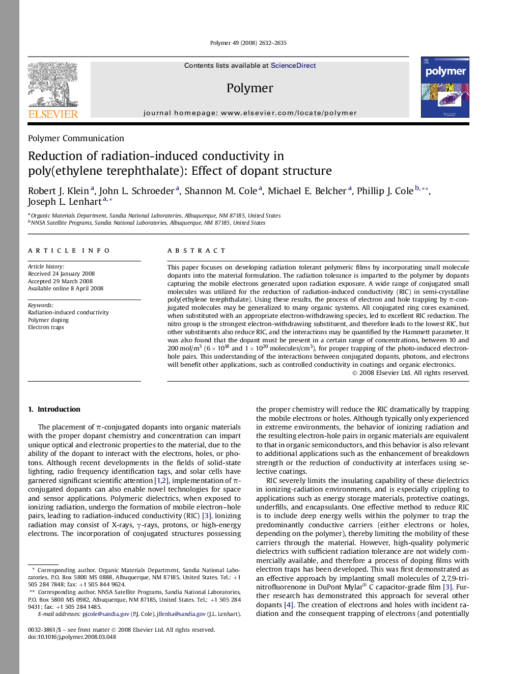 عکس صفحه اول مقاله: Reduction of radiation-induced conductivity in poly(ethylene terephthalate): Effect of dopant structure Reduction of radiation-induced conductivity in poly(ethylene terephthalate): Effect of dopant structure