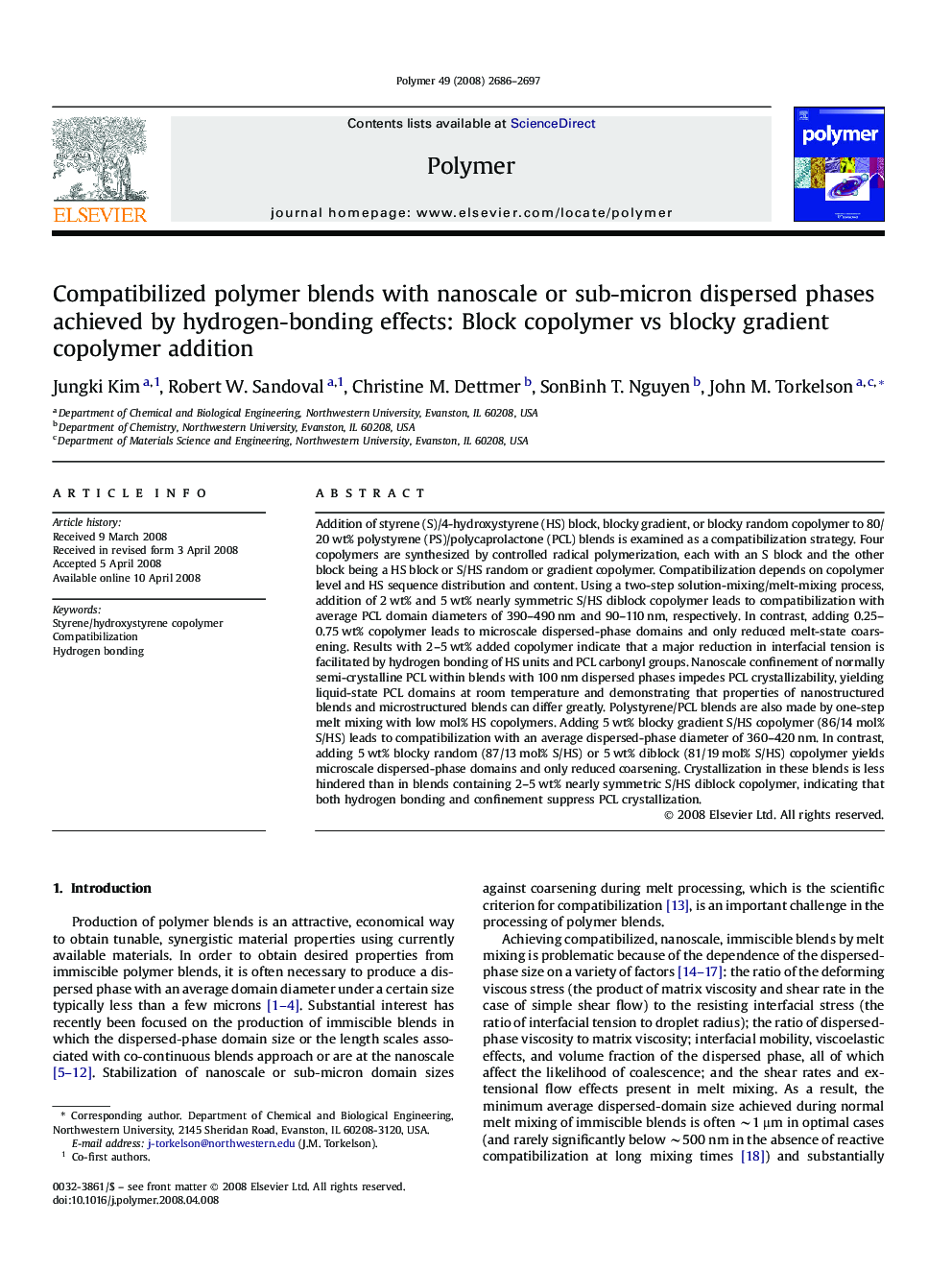 Compatibilized polymer blends with nanoscale or sub-micron dispersed phases achieved by hydrogen-bonding effects: Block copolymer vs blocky gradient copolymer addition