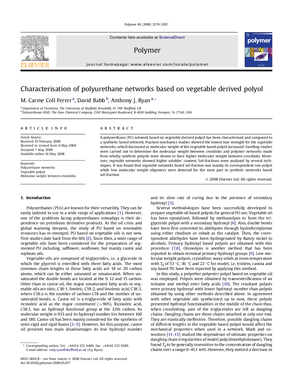 Characterisation of polyurethane networks based on vegetable derived polyol