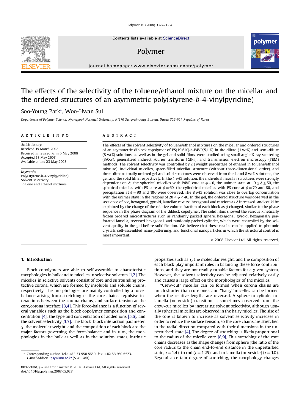 The effects of the selectivity of the toluene/ethanol mixture on the micellar and the ordered structures of an asymmetric poly(styrene-b-4-vinylpyridine)