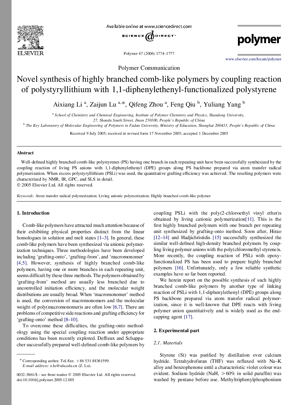 Novel synthesis of highly branched comb-like polymers by coupling reaction of polystyryllithium with 1,1-diphenylethenyl-functionalized polystyrene