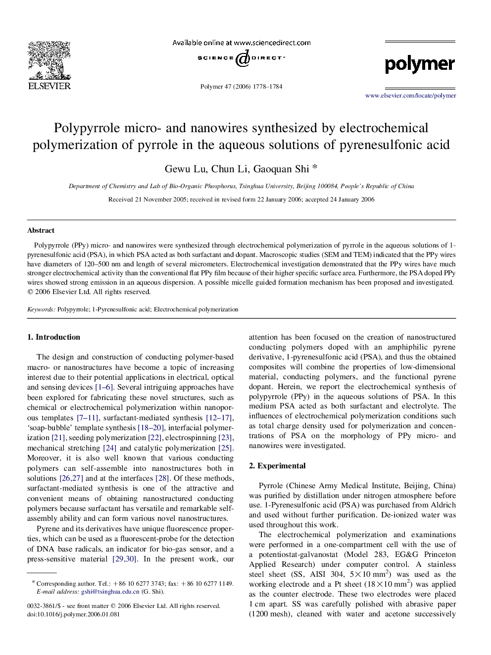 Polypyrrole micro- and nanowires synthesized by electrochemical polymerization of pyrrole in the aqueous solutions of pyrenesulfonic acid