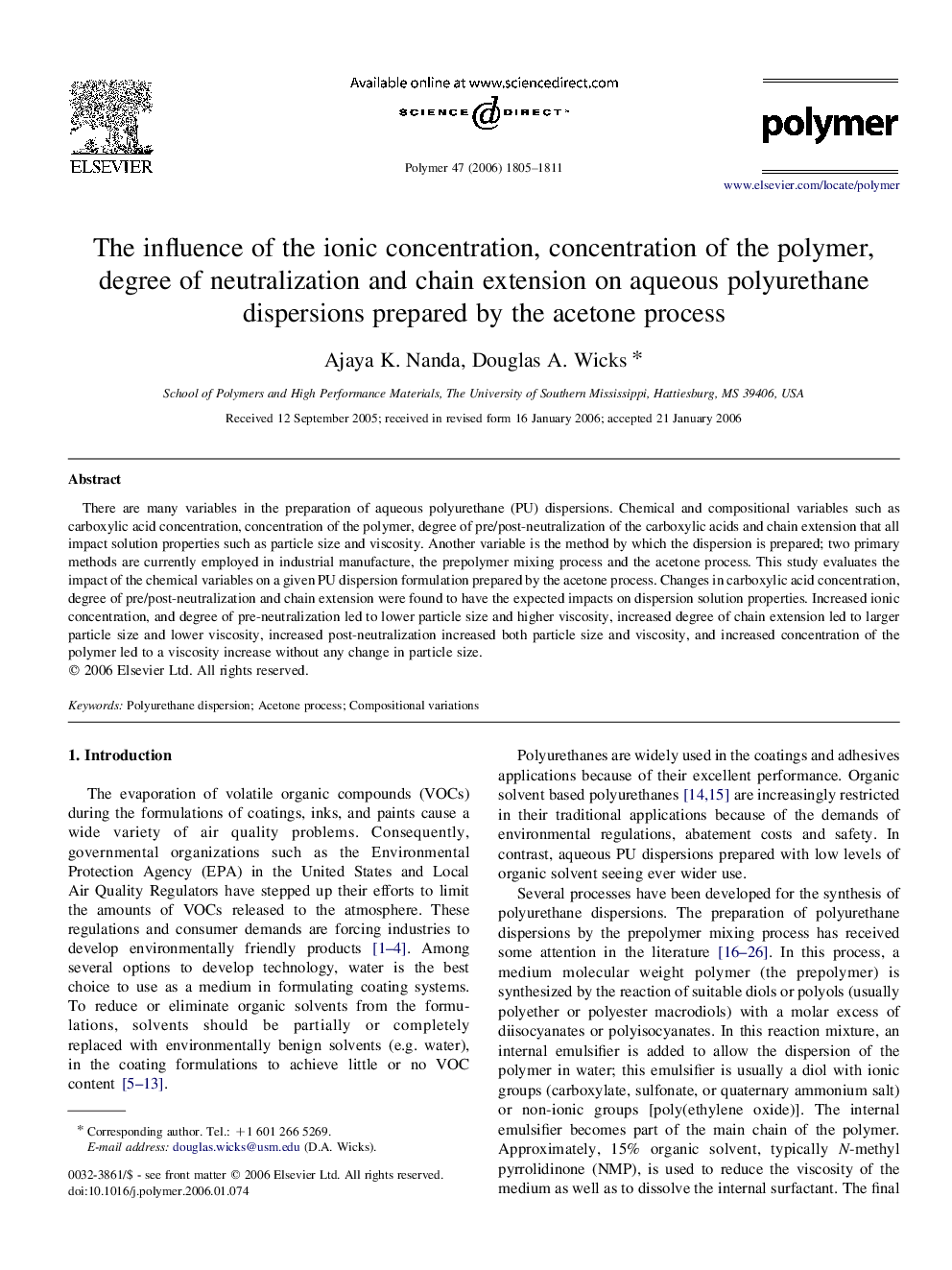 The influence of the ionic concentration, concentration of the polymer, degree of neutralization and chain extension on aqueous polyurethane dispersions prepared by the acetone process