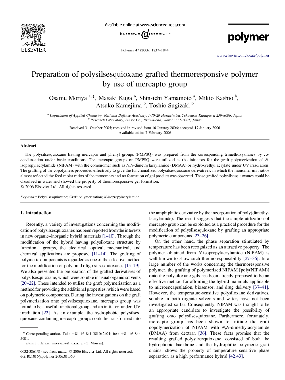 Preparation of polysilsesquioxane grafted thermoresponsive polymer by use of mercapto group